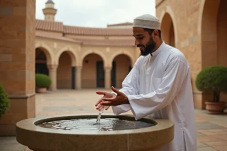 Homme effectuant les ablutions avant la prière dans une mosquée de Toulouse avec architecture en pierre dorée