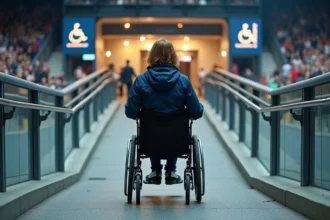 Femme en fauteuil roulant sur une rampe d'accès PMR dans une salle de concert type Bercy