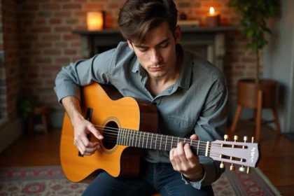 Jeune homme jouant des accords de guitare acoustique dans un salon chaleureux pour apprendre la ballade Je Te Promets