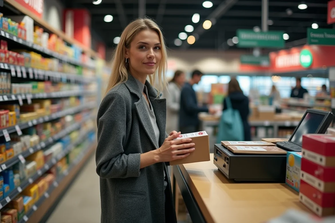 Femme achetant une cartouche de cigarettes dans un supermarché belge à la frontière