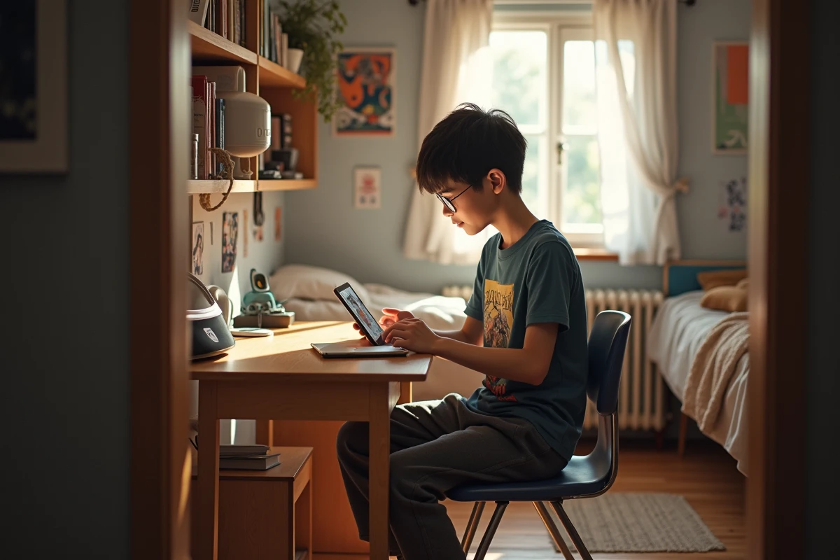 Adolescent lisant manga sur tablette dans sa chambre lumineuse