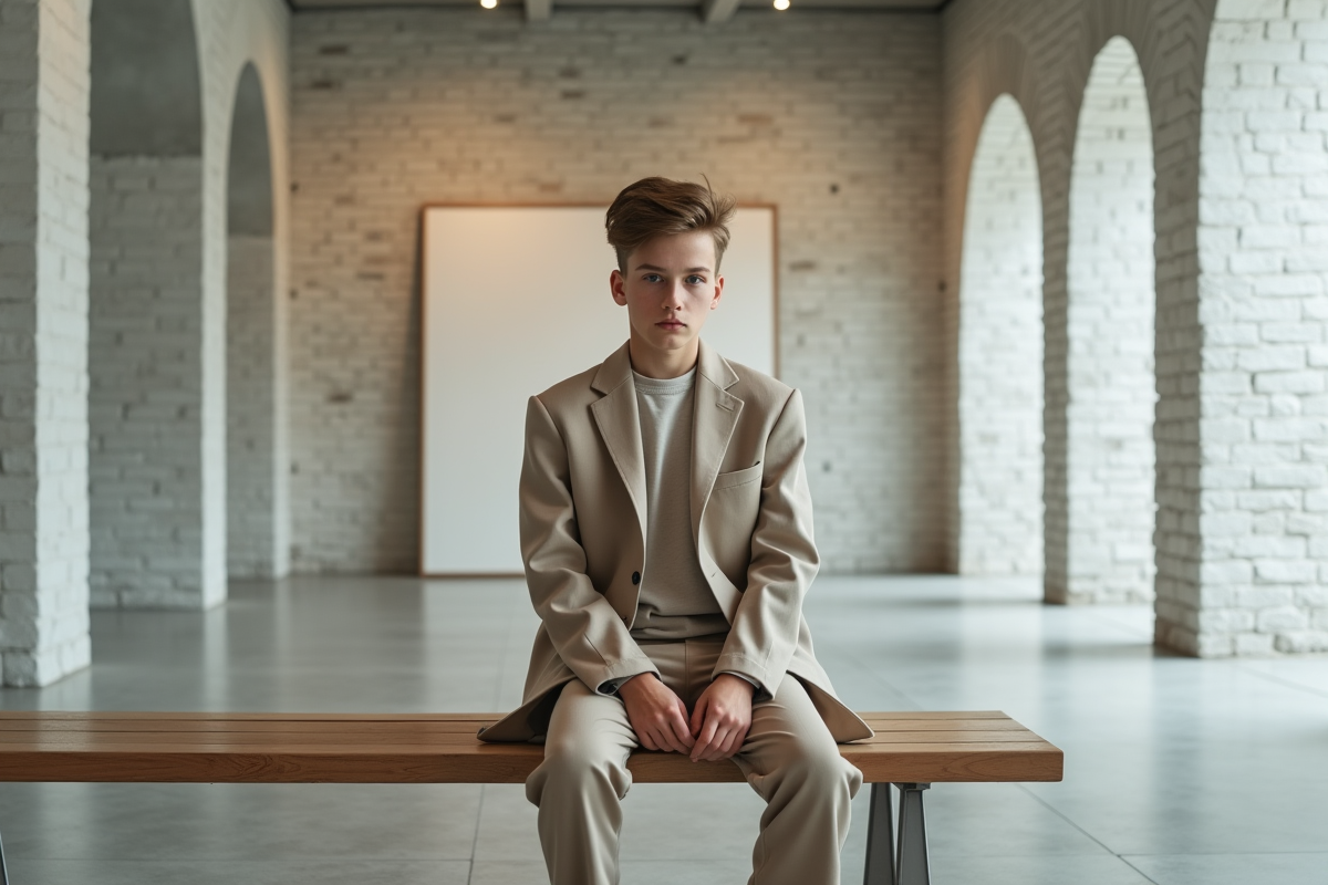 Adolescent en streetwear minimaliste dans une galerie