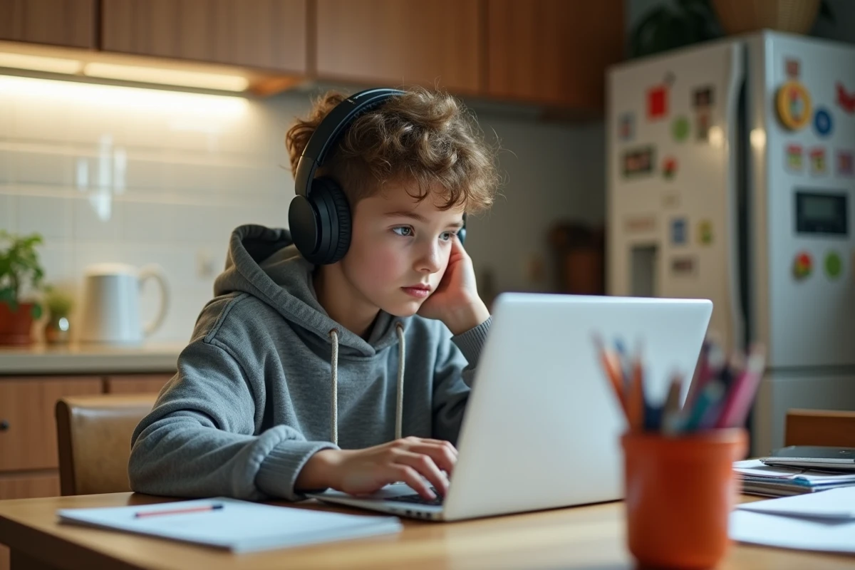 Adolescent regardant un site de manga sur son ordinateur dans la cuisine
