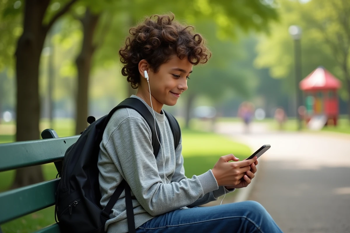 Adolescent heureux utilisant son smartphone en plein air