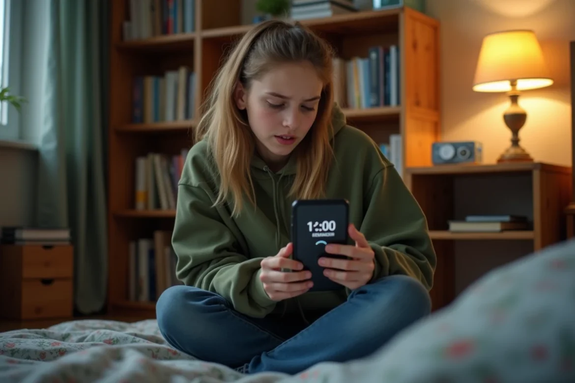 Adolescente perplexe regardant son smartphone affichant minuit en notation AM pour comprendre les erreurs courantes AM PM
