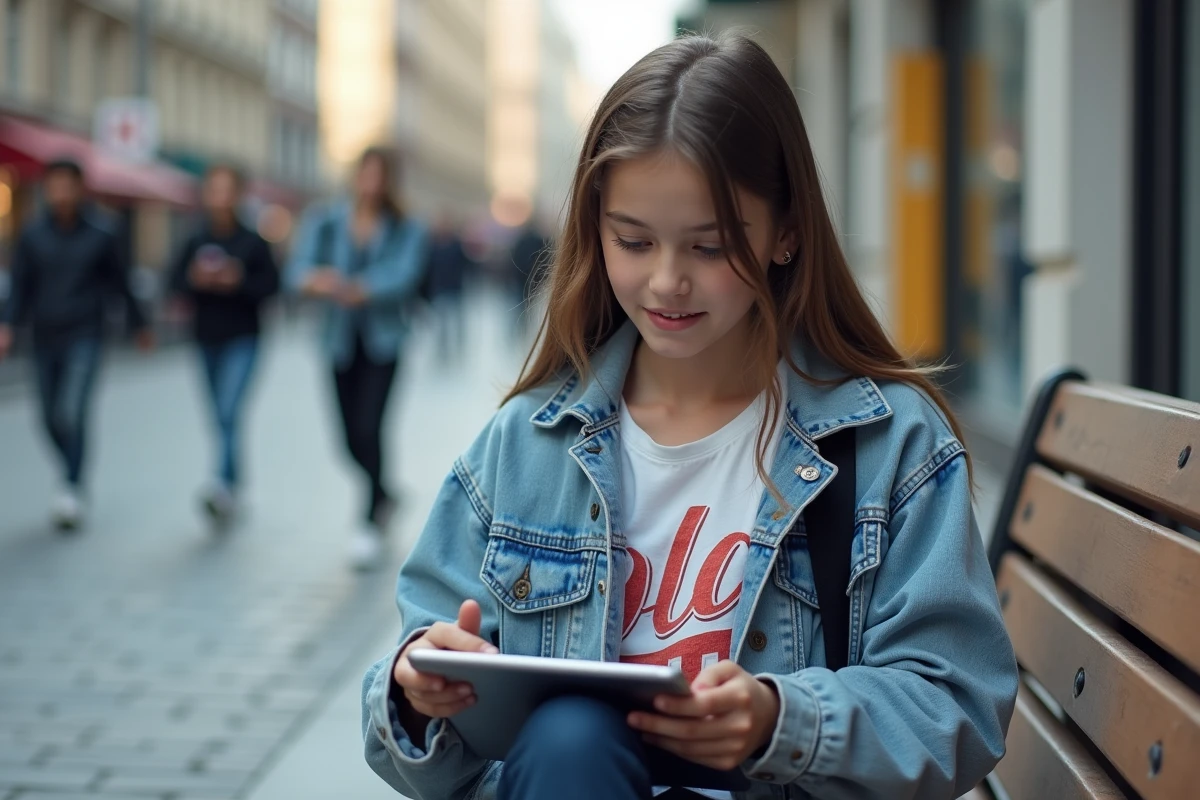 Adolescente regardant un manga sur une tablette en ville