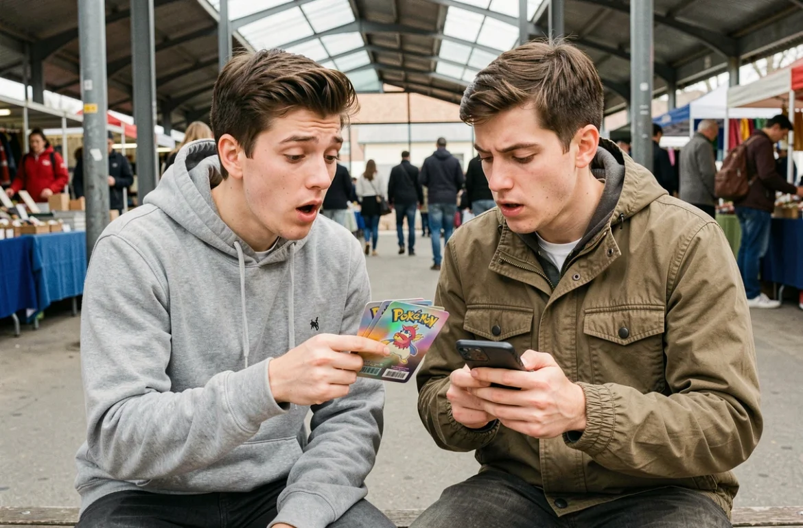 Deux amis comparant des cartes Pokémon holographiques et consultant les prix sur smartphone à un vide-greniers