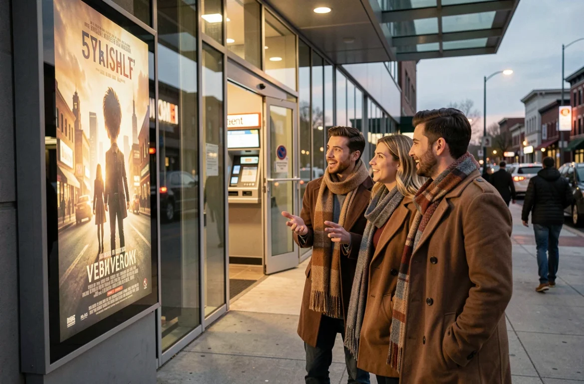 Groupe d'amis devant l'affiche d'un cinéma multiplex en soirée, débat sur quel film voir au cinéma
