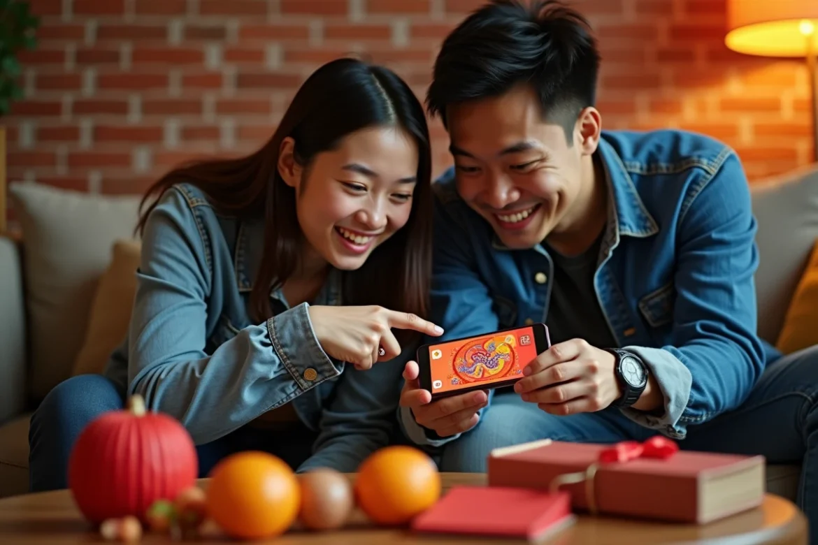 Deux amis asiatiques jouant ensemble au jeu Google du Nouvel An du Serpent sur smartphone entourés de décorations du Nouvel An chinois