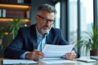 Analyste financier en costume regardant des documents de prêt immobilier