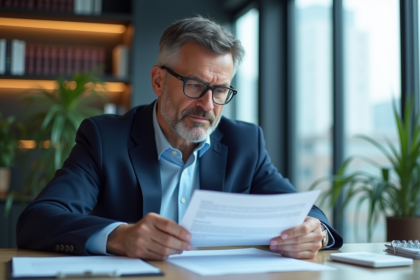 Analyste financier en costume regardant des documents de prêt immobilier