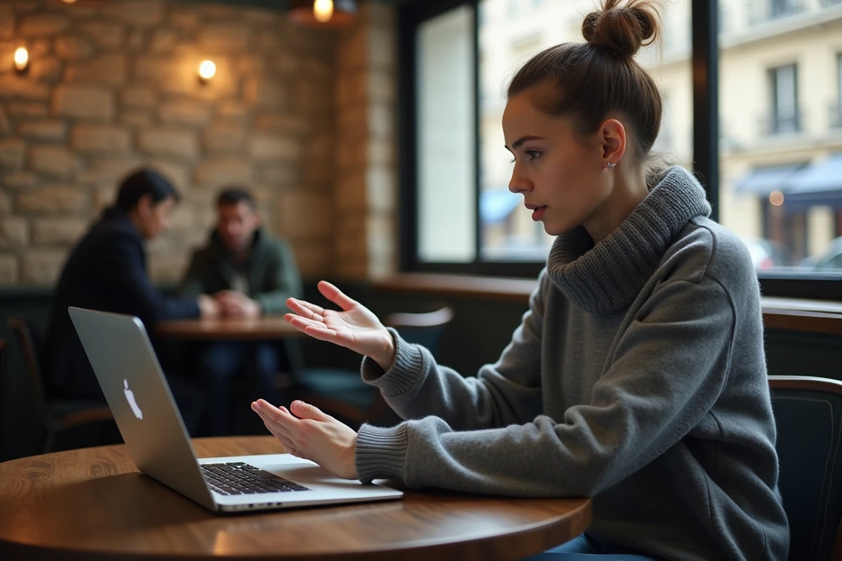 Jeune analyste media discutant dans un café parisien