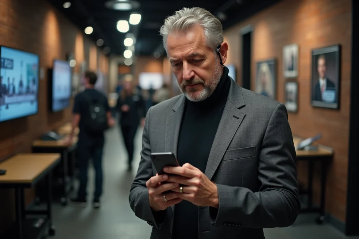 Animateur de télévision française photographié en coulisses dans un couloir de production avec équipements de tournage et équipe en arrière-plan flou