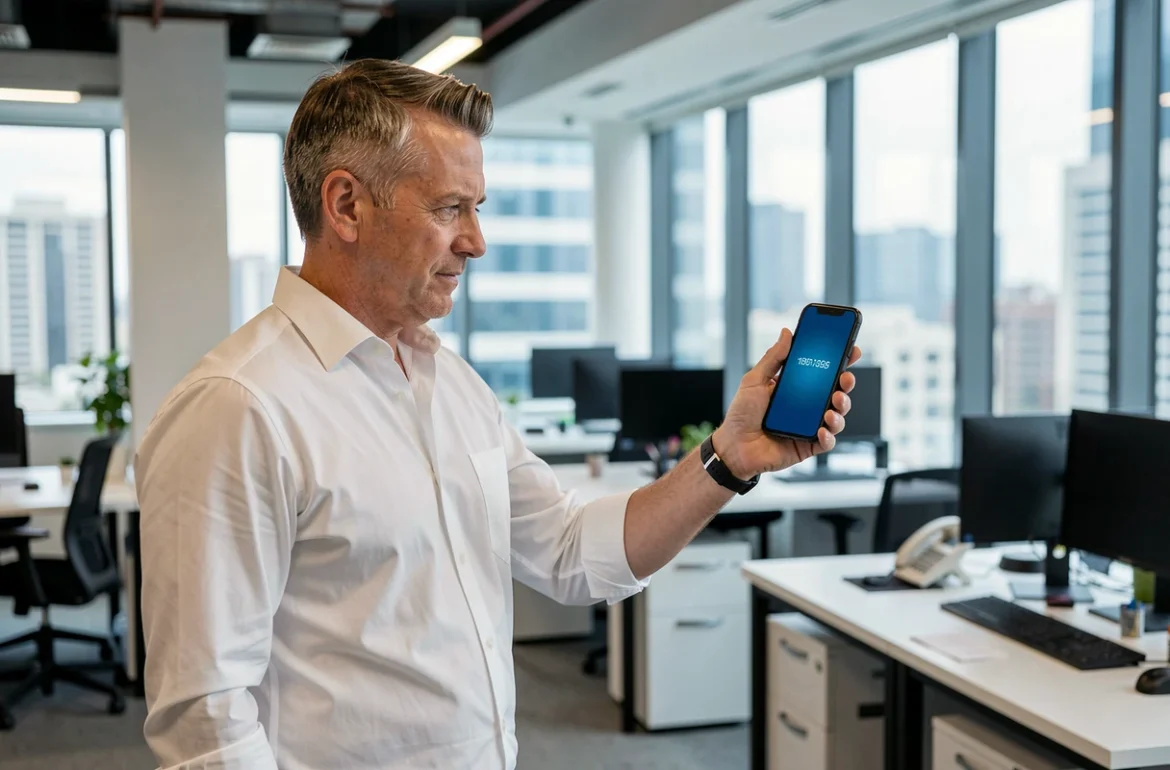 Homme en bureau regardant un appel téléphonique inconnu sur son smartphone, numéro non identifié affiché à l'écran