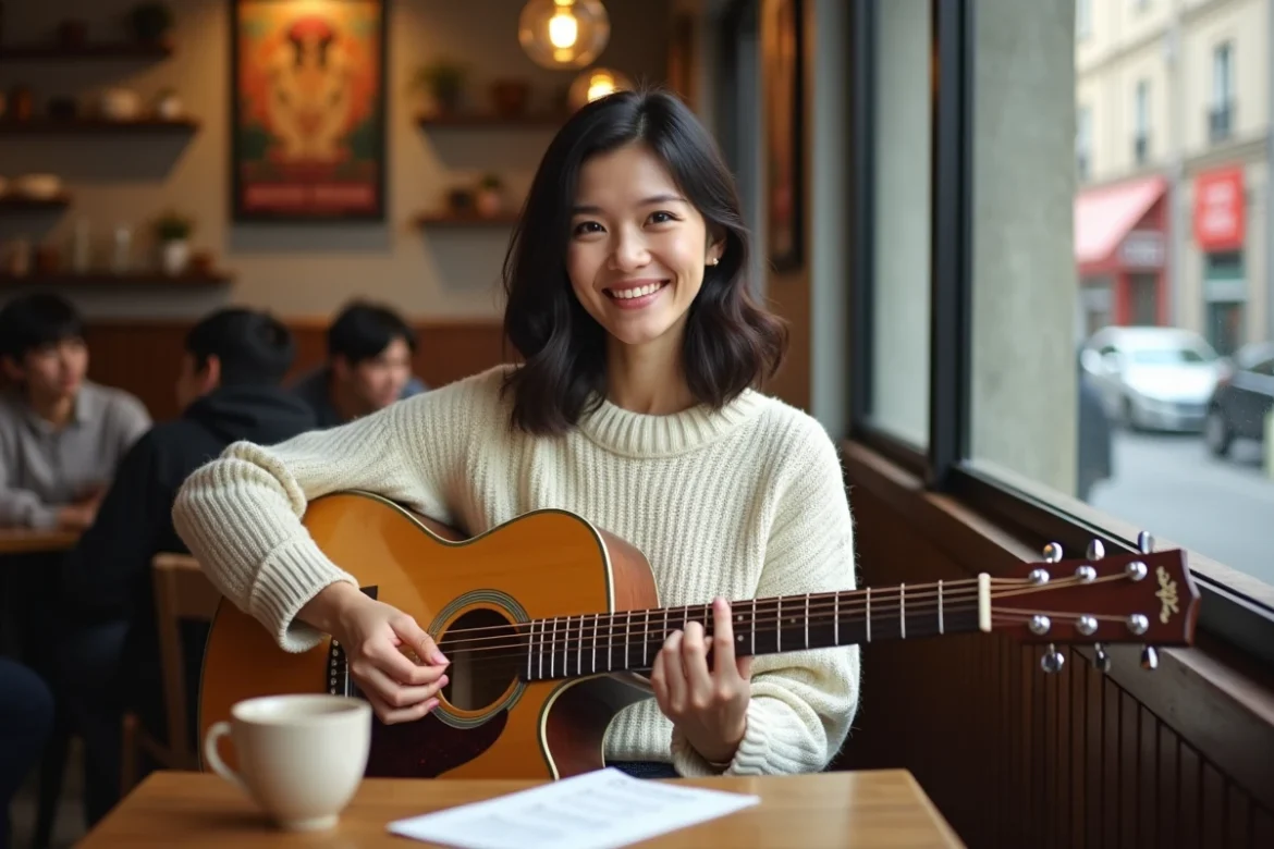 Femme jouant des arpèges sur guitare acoustique dans un café pour maîtriser la ballade Je Te Promets