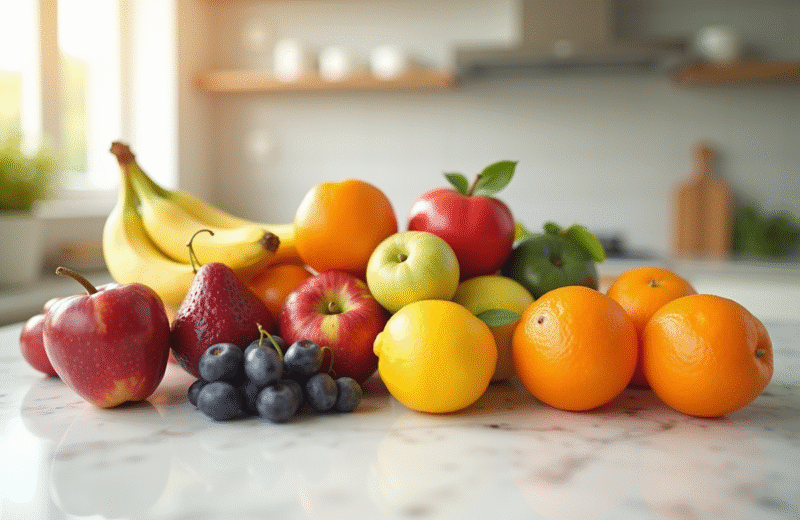 Assortiment de fruits Tshape colorés sur un plan de travail
