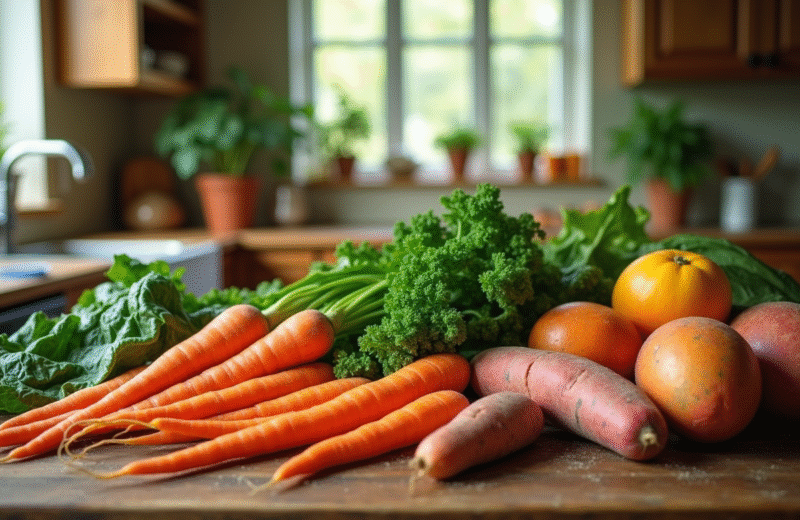 Assortiment d'aliments riches en vitamines sur une table en bois