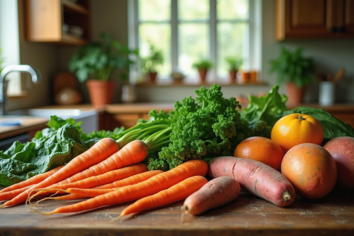 Assortiment d'aliments riches en vitamines sur une table en bois