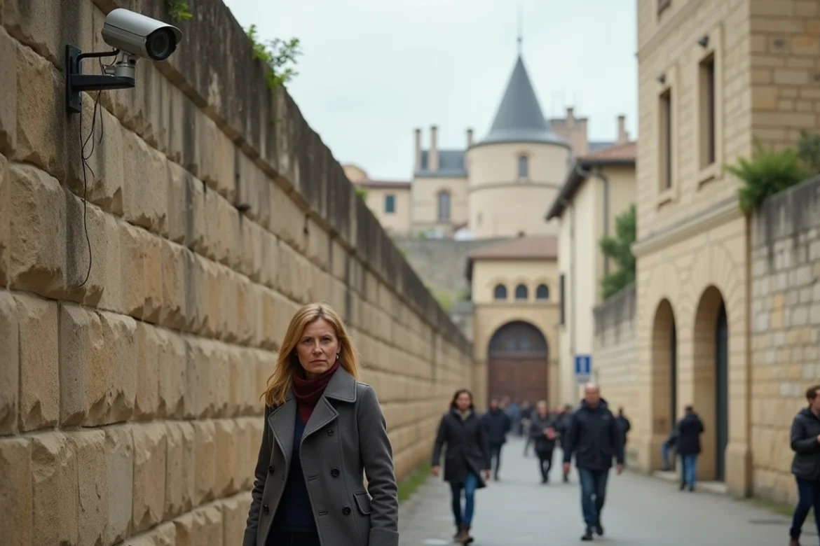 Une caméra de surveillance fixée sur les remparts médiévaux d'Avignon, avec une femme marchant au premier plan et les fortifications s'étendant en arrière-plan