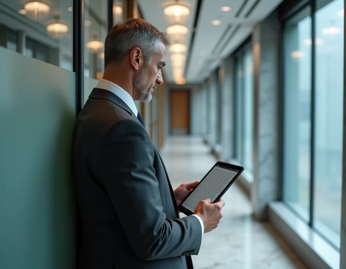 Avocat en droit public lisant un blog juridique sur tablette dans un couloir de cabinet d'avocats