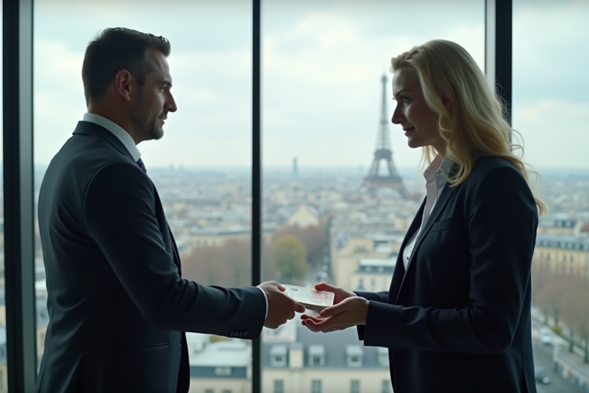 Banquier remettant des euros dans un bureau parisien moderne