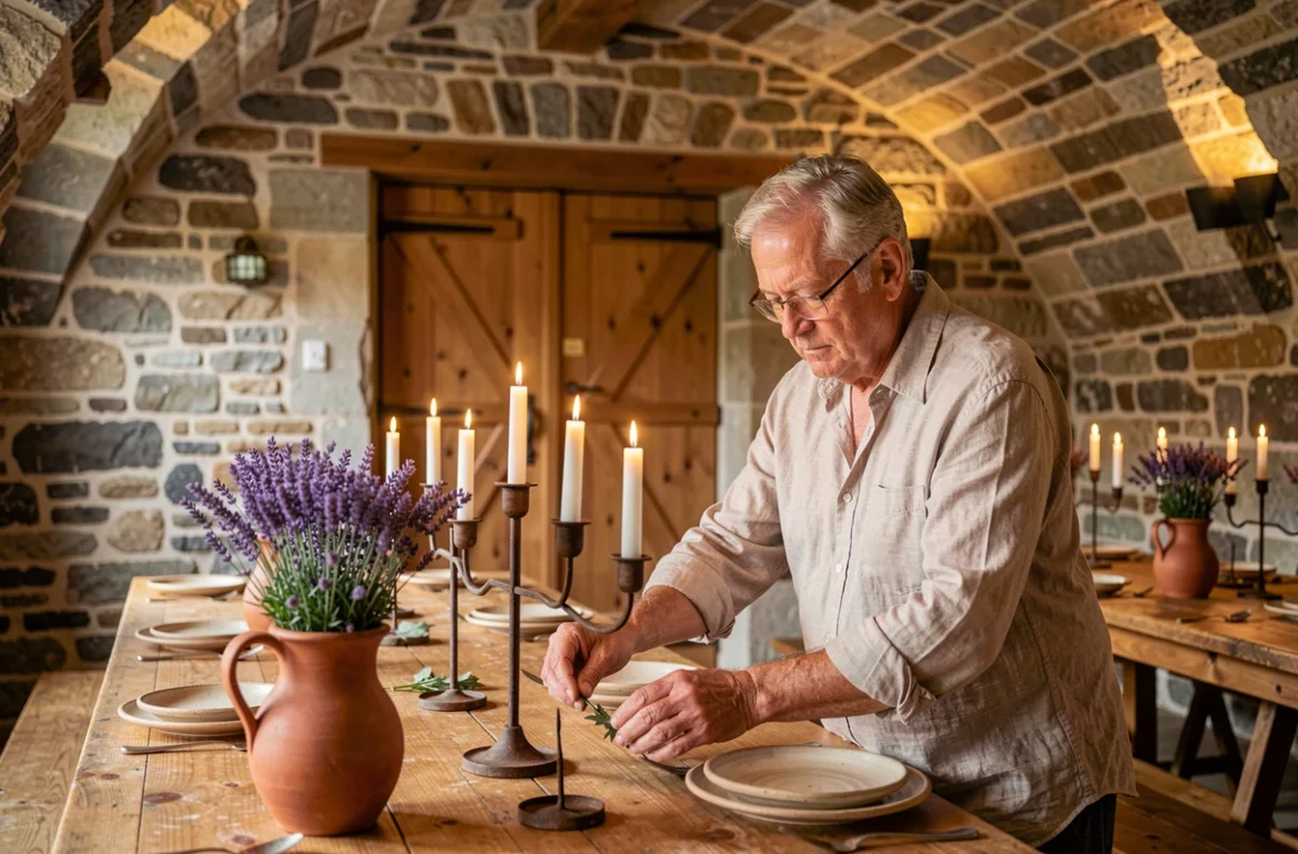 Intérieur voûté en pierre de la Bergerie Lémalou Bin avec tables en bois et décoration en céramique rustique