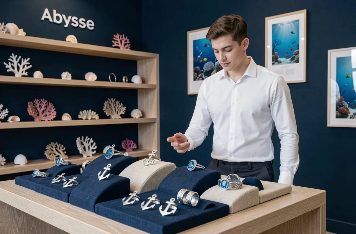 Joaillier chez Abysse à Nice présentant une collection de bijoux nautiques en argent et topaze bleue