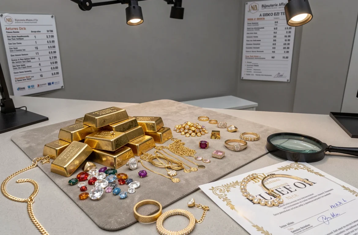Bijoux en or et pierres précieuses disposés sur un tapis d'expertise chez Affaires d'Or à Nice