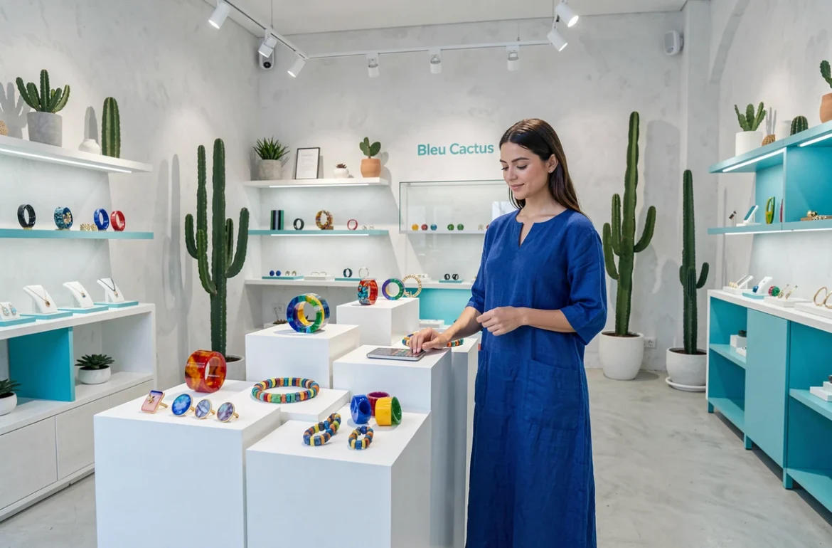 Designer présentant une collection de bijoux colorés et audacieux dans la boutique moderne Bleu Cactus à Nice