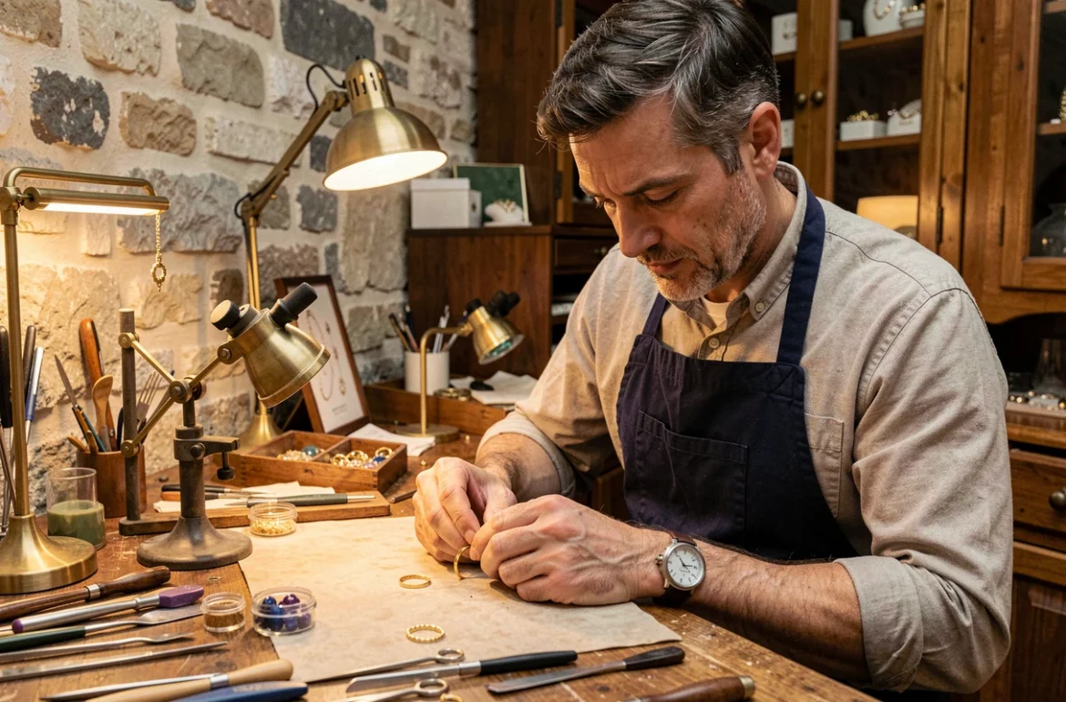 Artisan joaillier de Stéphane Artero façonnant une bague en or dans son atelier traditionnel niçois