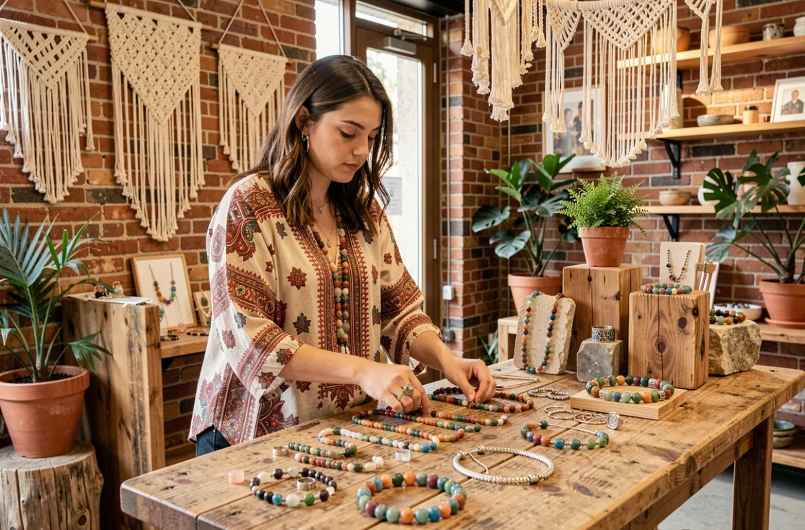 Vendeuse arrangeant des bijoux artisanaux en pierres semi-précieuses dans la boutique bohème Nirvana à Nice