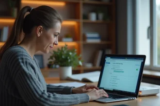 Femme utilisant l'interface de sa box internet pour bloquer des numéros indésirables en 0424 depuis un ordinateur portable