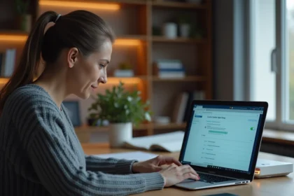 Femme utilisant l'interface de sa box internet pour bloquer des numéros indésirables en 0424 depuis un ordinateur portable