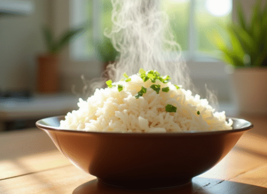 Bol de riz vapeur servi dans une friteuse moderne avec herbes