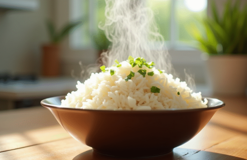 Bol de riz vapeur servi dans une friteuse moderne avec herbes
