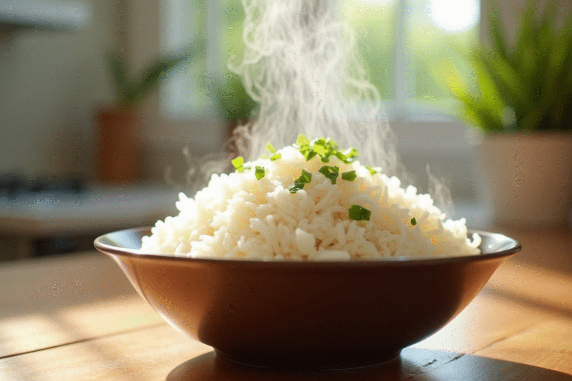 Bol de riz vapeur servi dans une friteuse moderne avec herbes