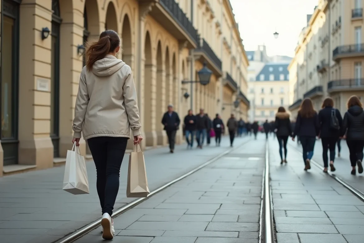 Une femme marche rapidement sur un large boulevard de Bordeaux devant des bâtiments en pierre calcaire néoclassique