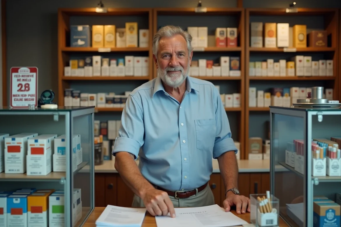 Vendeur de tabac au Luxembourg derrière le comptoir