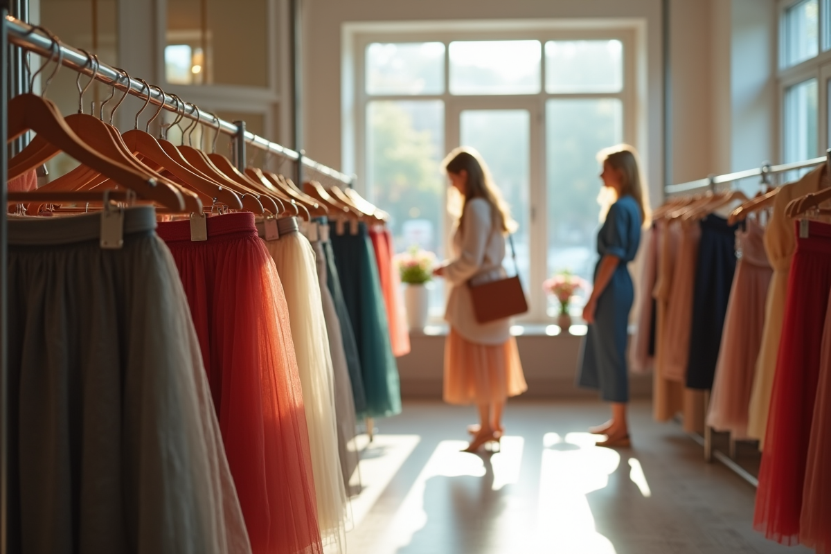 Intérieur d une boutique avec des jupes sur un portant et des clientes