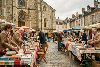 Braderie locale animée sur une place de village français avec étals colorés et visiteurs