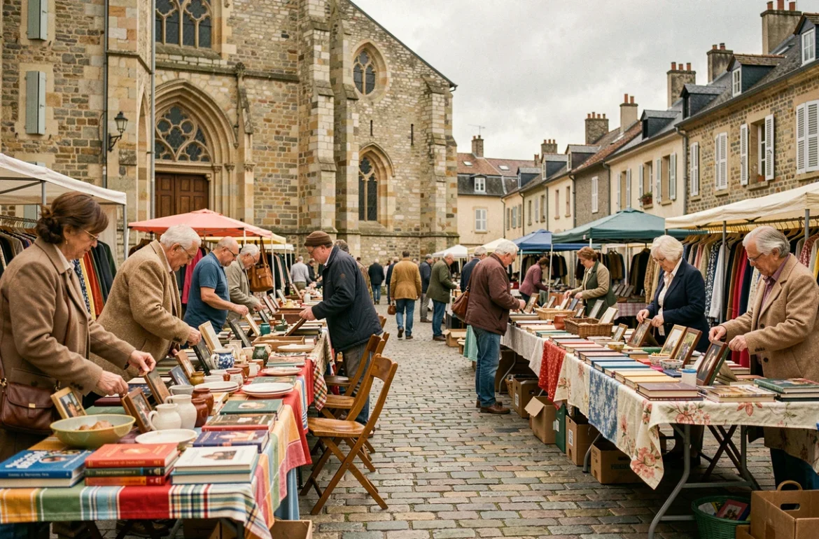 Braderie locale animée sur une place de village français avec étals colorés et visiteurs