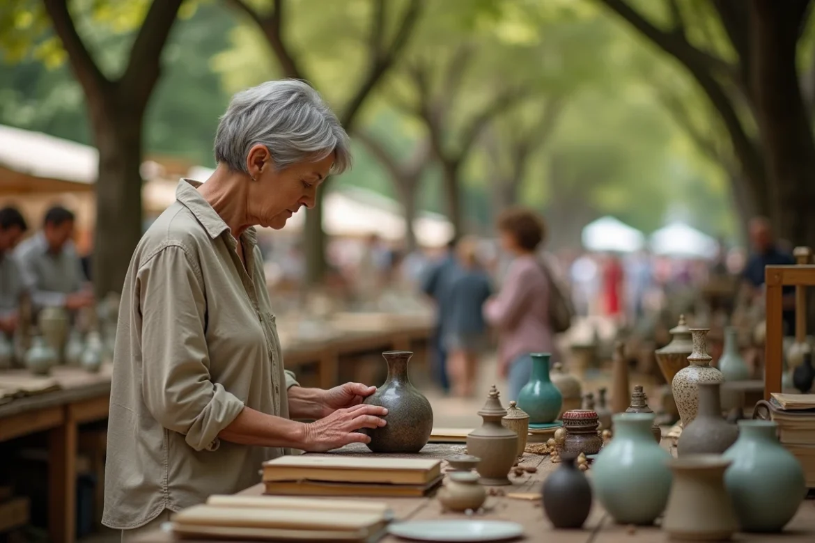 Femme examinant un vase en céramique vintage sur un stand de brocante en plein air dans les Yvelines