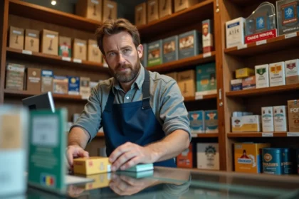 Buraliste belge rangeant des cartouches de cigarettes dans un bureau de tabac