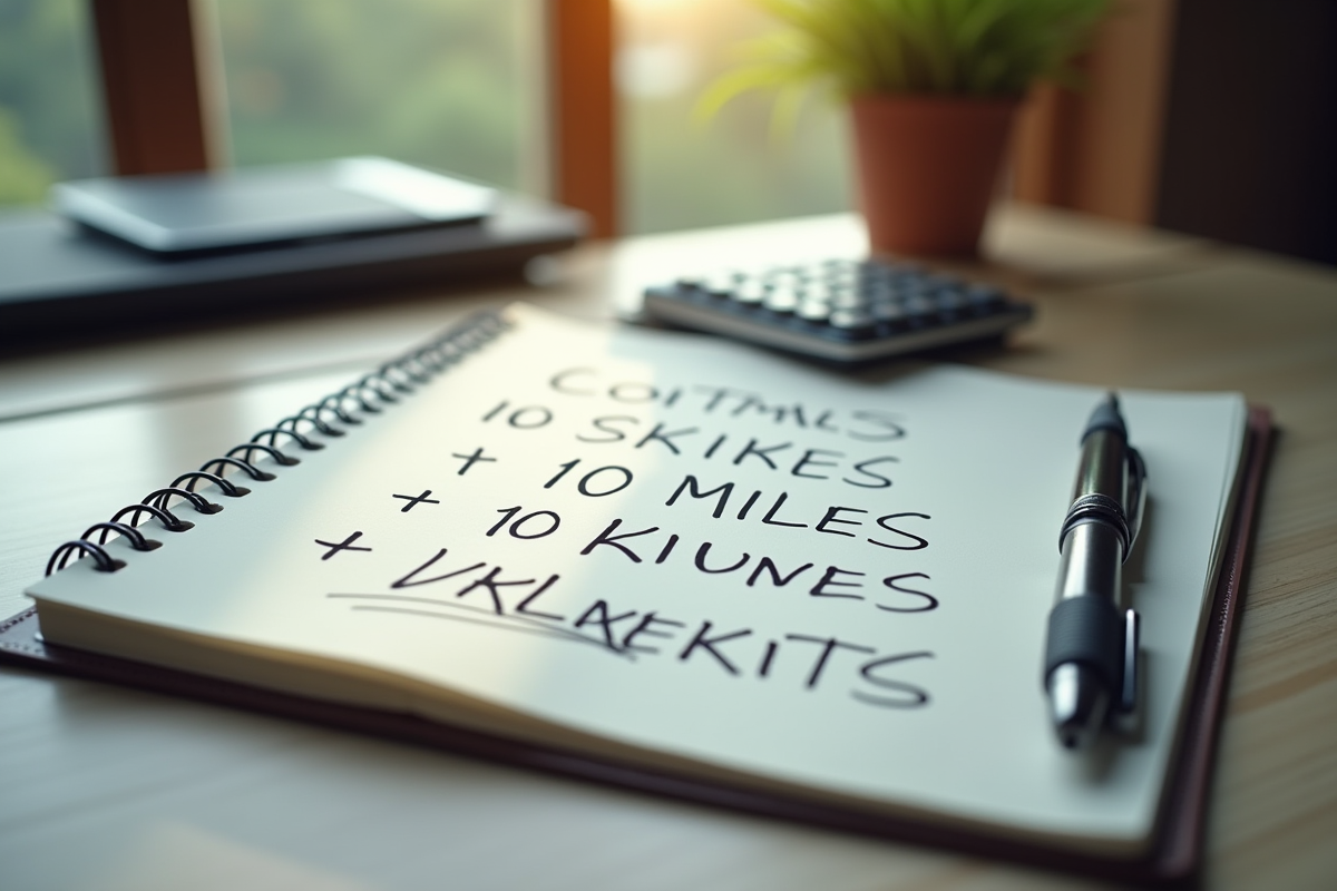 Bureau avec carnet ouvert calculatrice et stylo pour conversion miles km