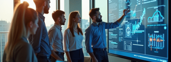 Espace de bureau moderne avec équipe collaborant sur un tableau digital blockchain