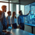 Espace de bureau moderne avec équipe collaborant sur un tableau digital blockchain