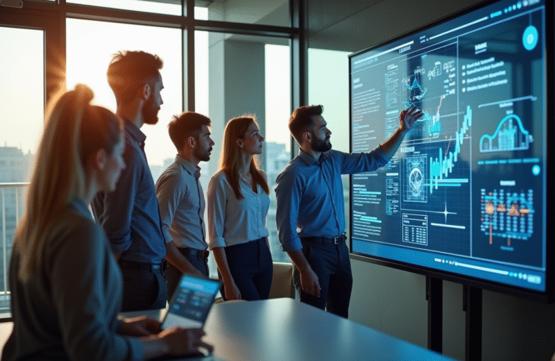 Espace de bureau moderne avec équipe collaborant sur un tableau digital blockchain