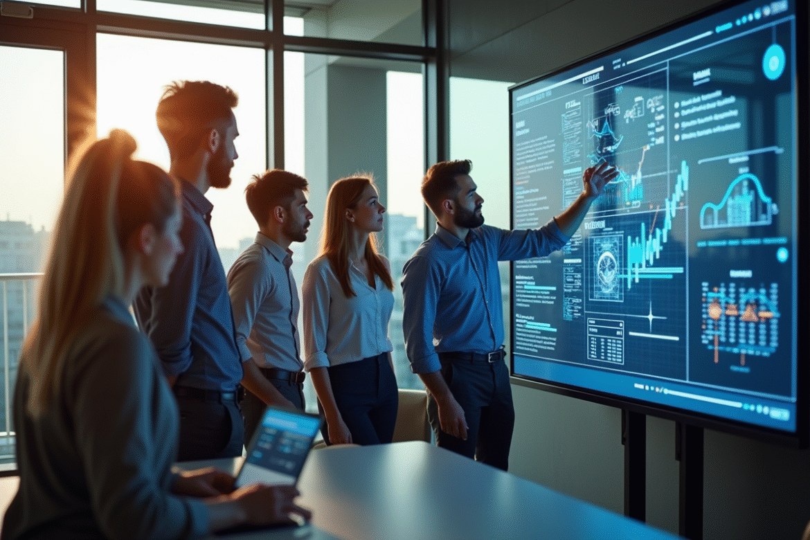 Espace de bureau moderne avec équipe collaborant sur un tableau digital blockchain
