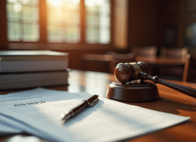 Bureau de tribunal avec documents et maillet de juge