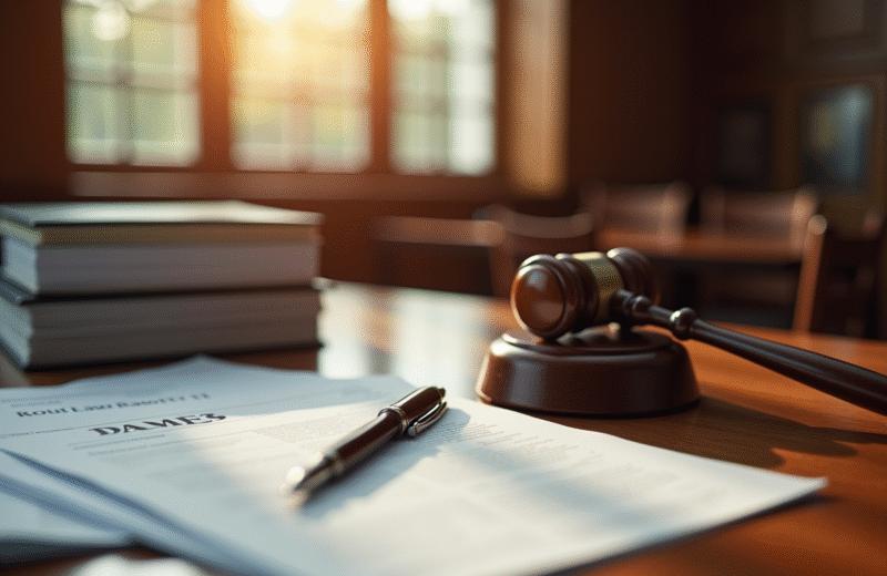Bureau de tribunal avec documents et maillet de juge